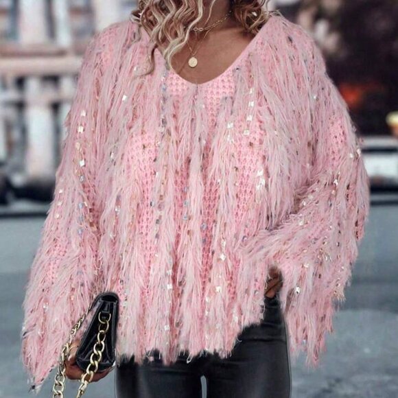 Pink Casual Women's V-Neck Fringe Sequin Knit Sweater - Picture 4 of 6